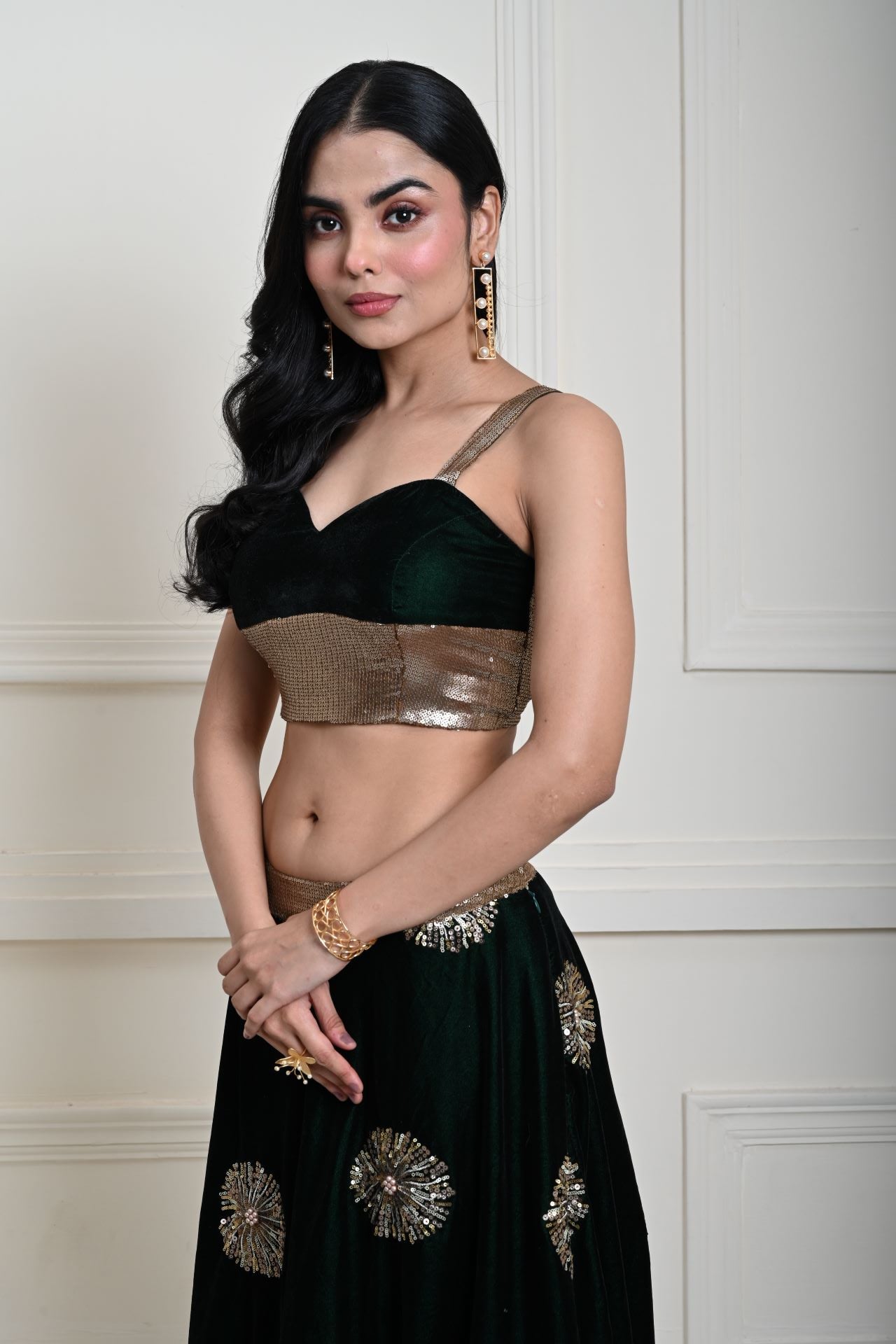 Bottle Green Velvet Lehenga Set With Gold Sequin Work