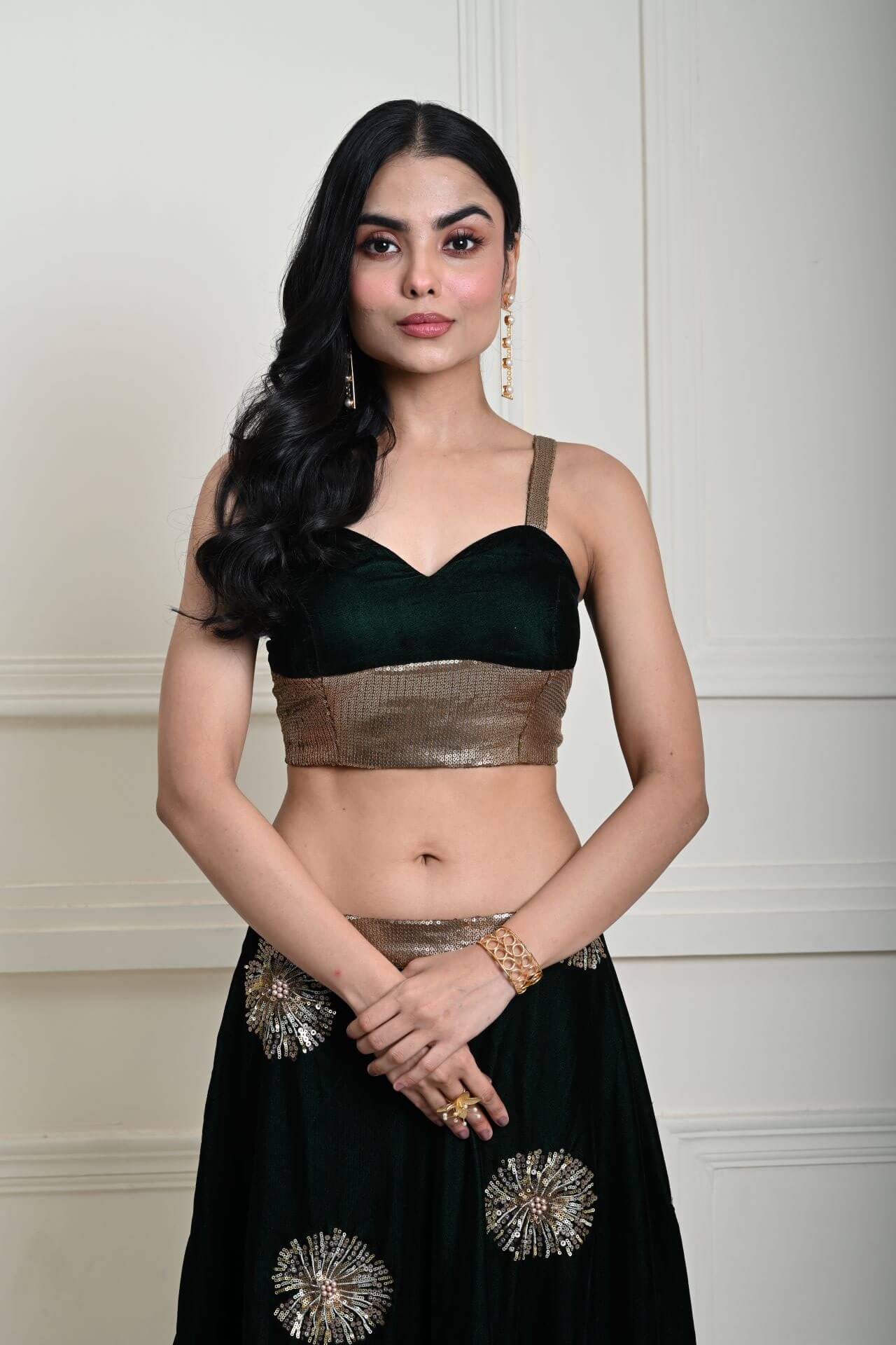 Bottle Green Velvet Lehenga Set With Gold Sequin Work