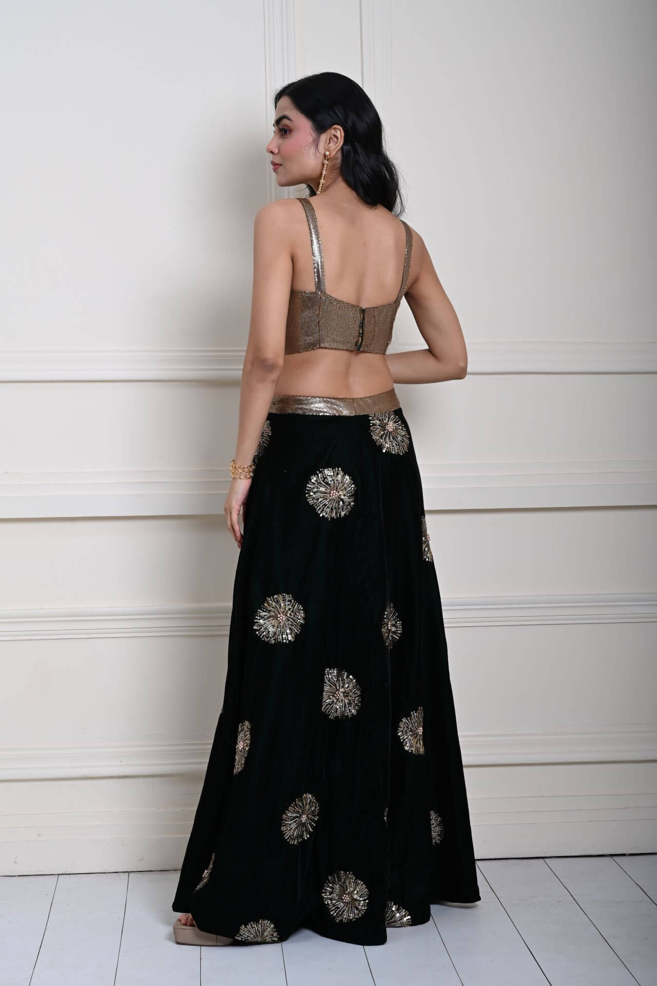 Bottle Green Velvet Lehenga Set With Gold Sequin Work