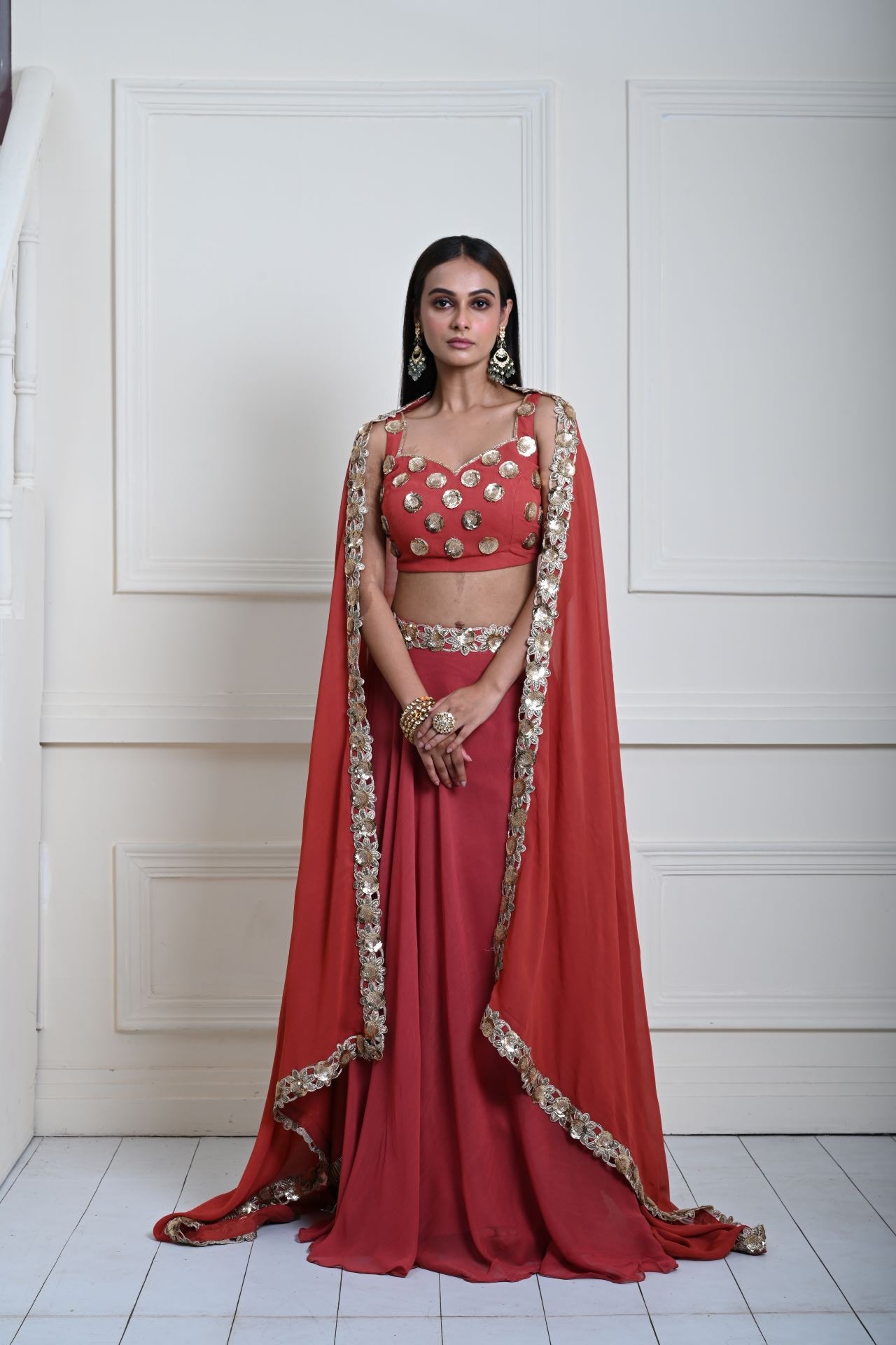 Rusty Orange Lehenga Set with Gold Sequin and Cut dana Work