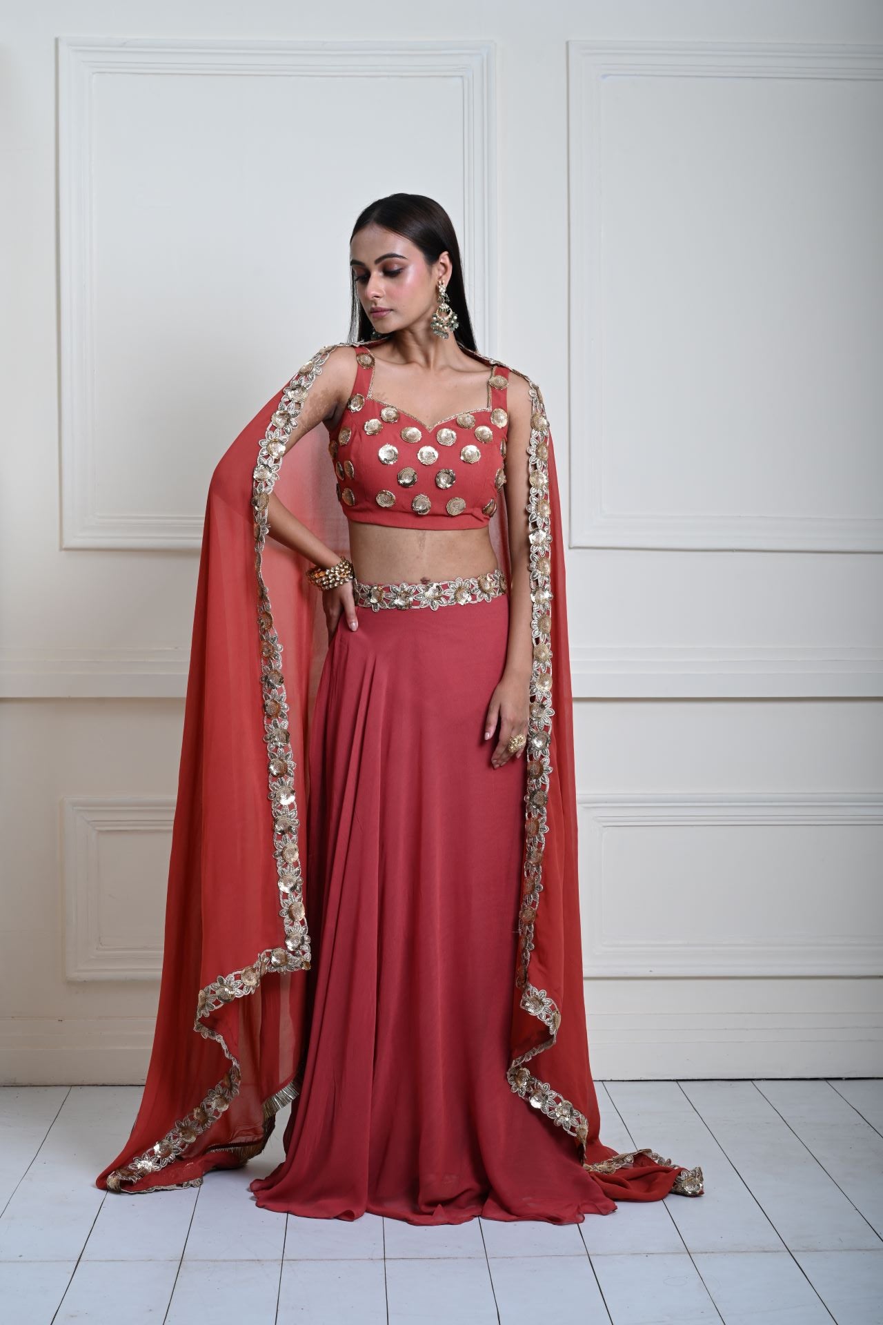 Rusty Orange Lehenga Set with Gold Sequin and Cut dana Work
