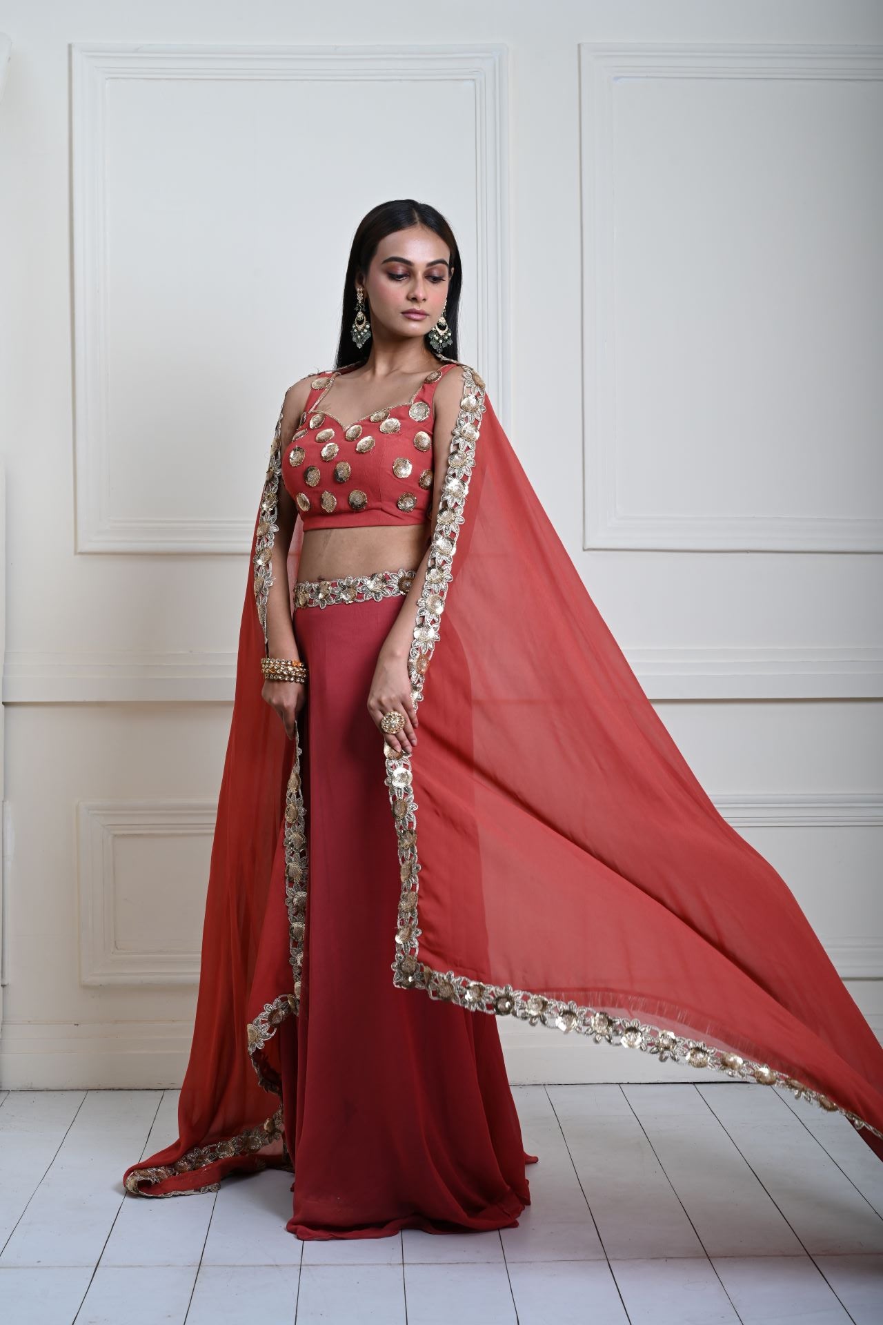 Rusty Orange Lehenga Set with Gold Sequin and Cut dana Work