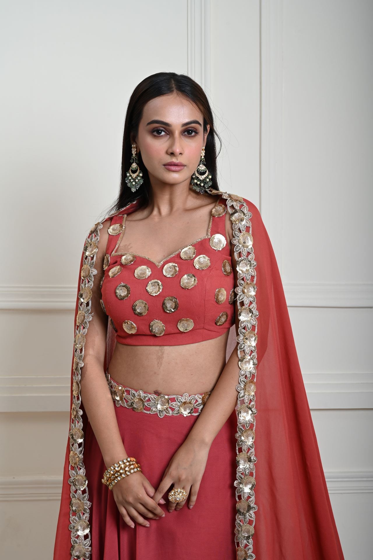 Rusty Orange Lehenga Set with Gold Sequin and Cut dana Work