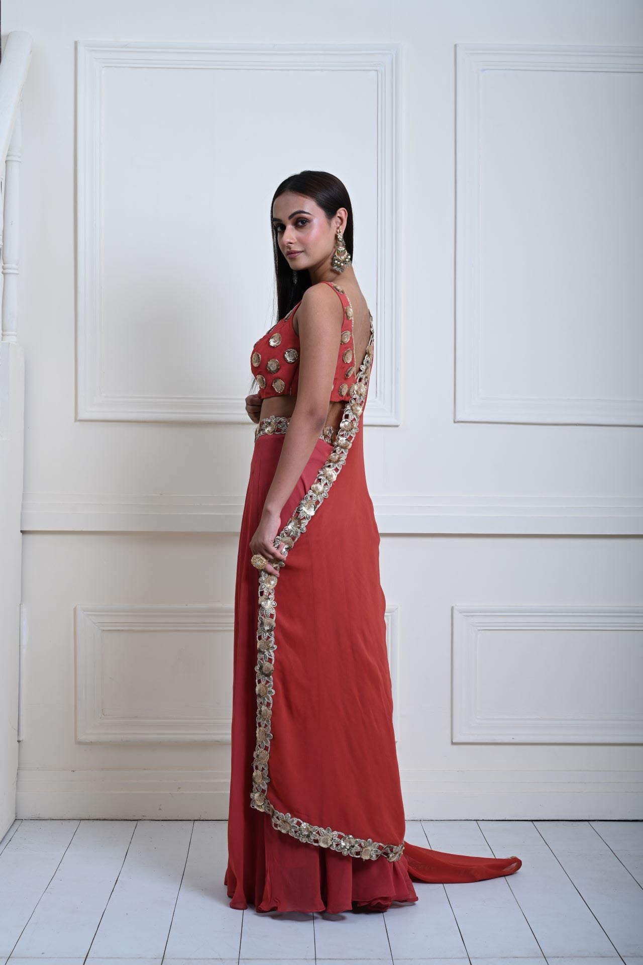 Rusty Orange Lehenga Set with Gold Sequin and Cut dana Work