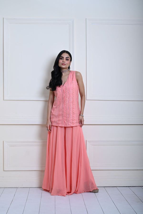 Peach Crop Top and Sharara Pant Set with Sequin Work Jacket - Image 1