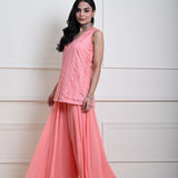 Peach Crop Top and Sharara Pant Set with Sequin Work Jacket