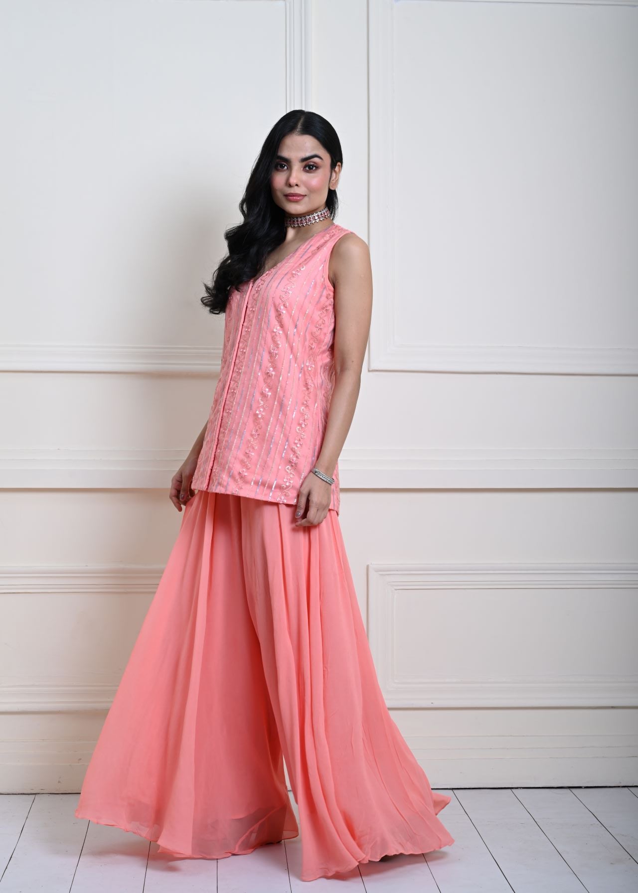 Peach Crop Top and Sharara Pant Set with Sequin Work Jacket