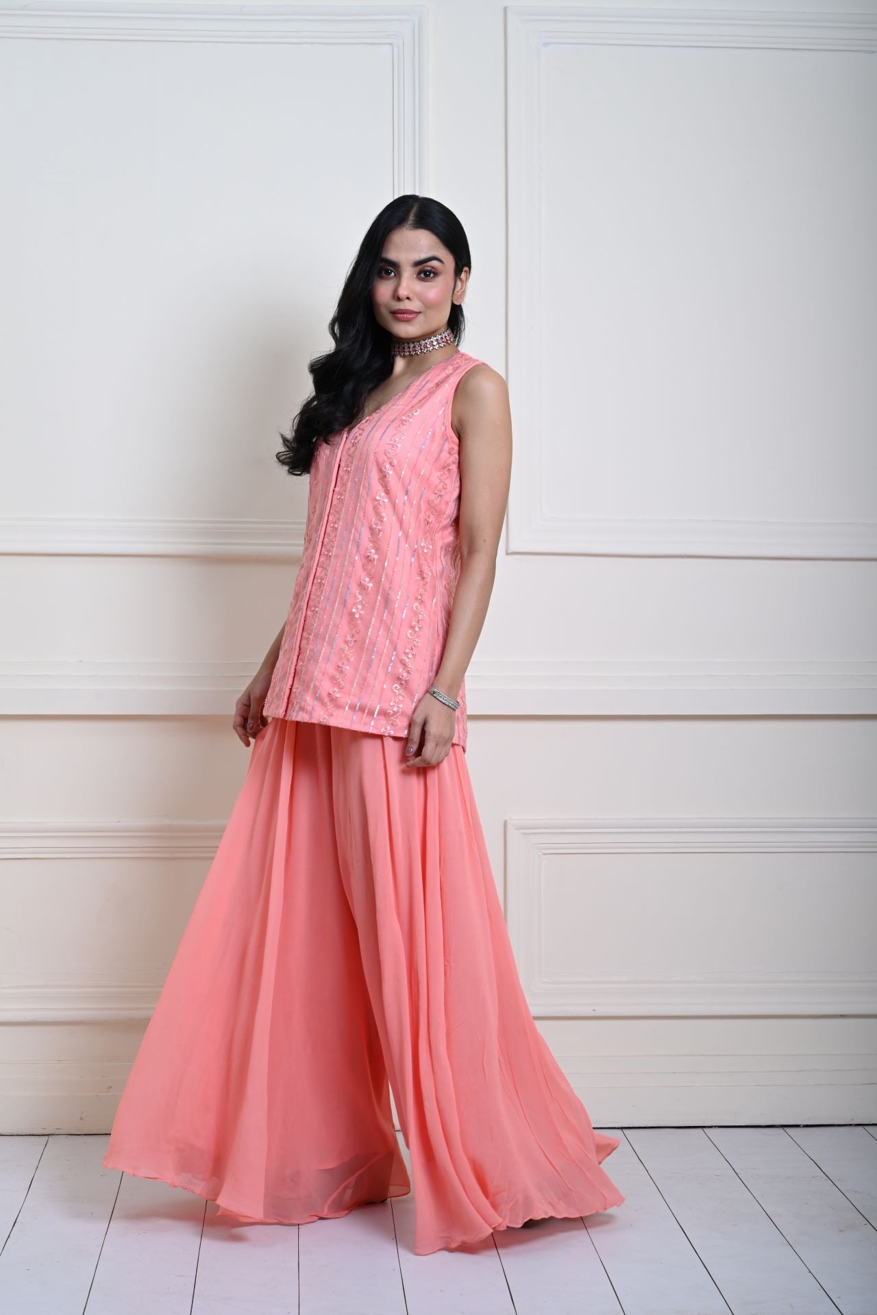 Peach Crop Top and Sharara Pant Set with Sequin Work Jacket