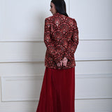 Maroon Velvet Embroidered Jacket with Drape Skirt