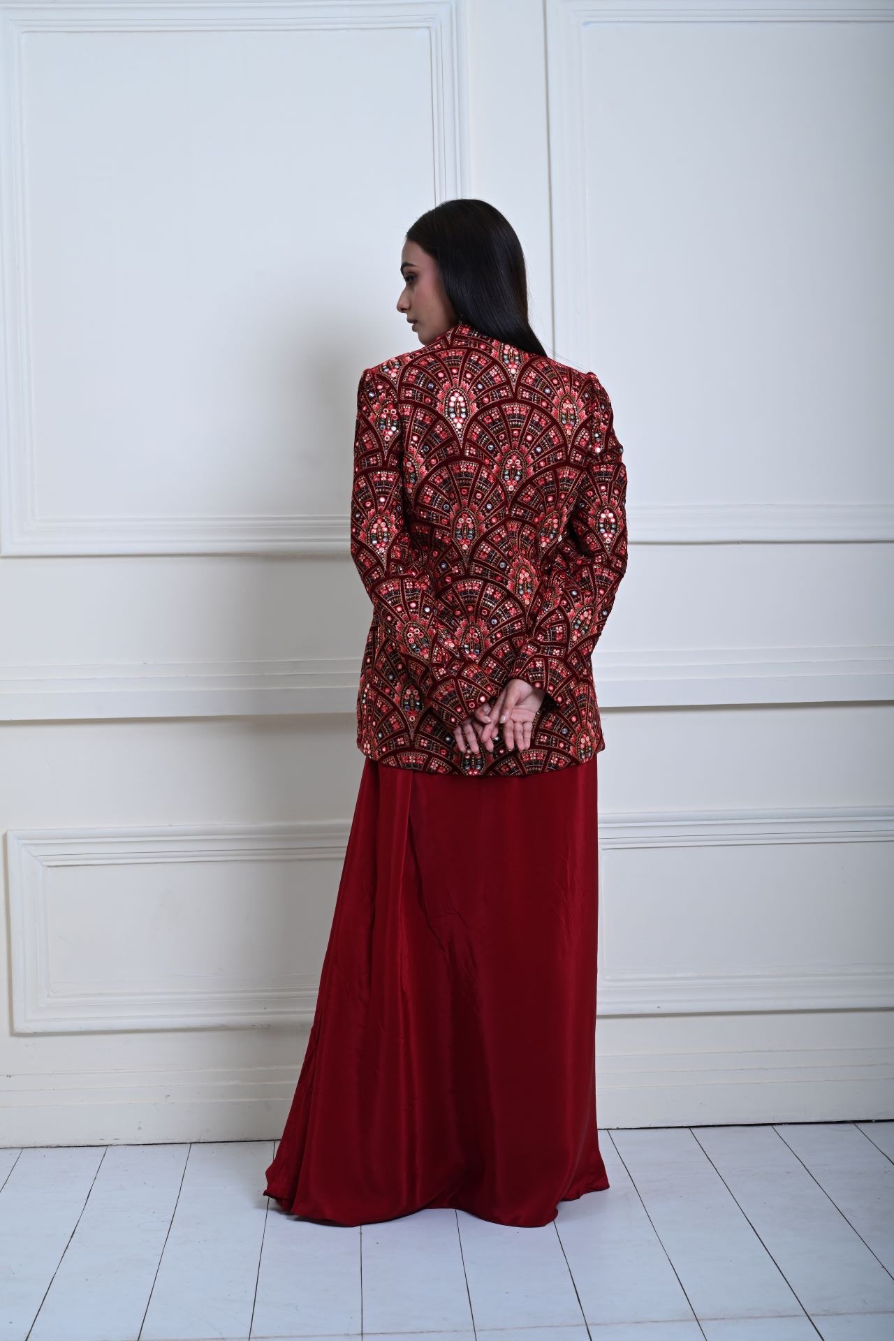 Maroon Velvet Embroidered Jacket with Drape Skirt