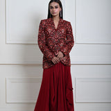Maroon Velvet Embroidered Jacket with Drape Skirt