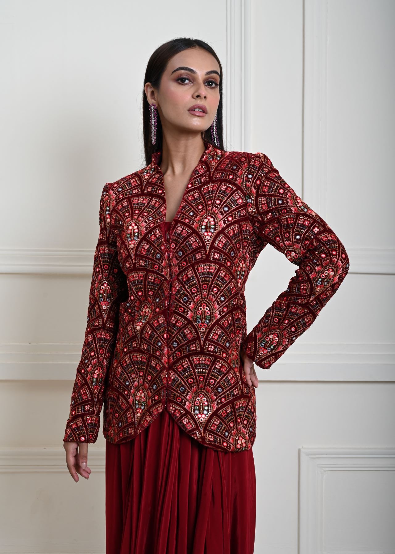 Maroon Velvet Embroidered Jacket with Drape Skirt