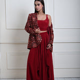 Maroon Velvet Embroidered Jacket with Drape Skirt