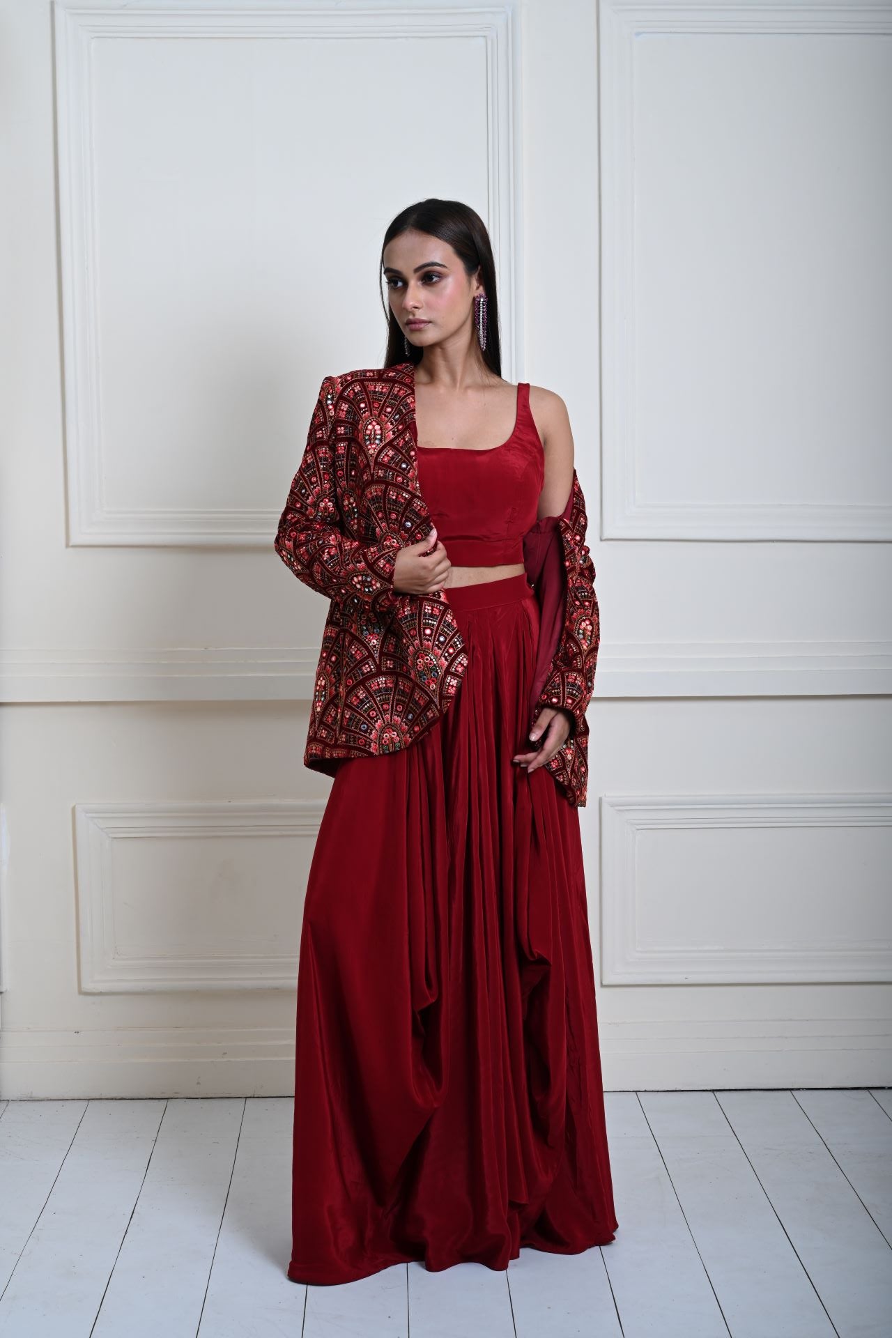 Maroon Velvet Embroidered Jacket with Drape Skirt