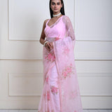 Elegant Baby Pink Organza Saree with Floral Prints and Sequins | Wedding Wear