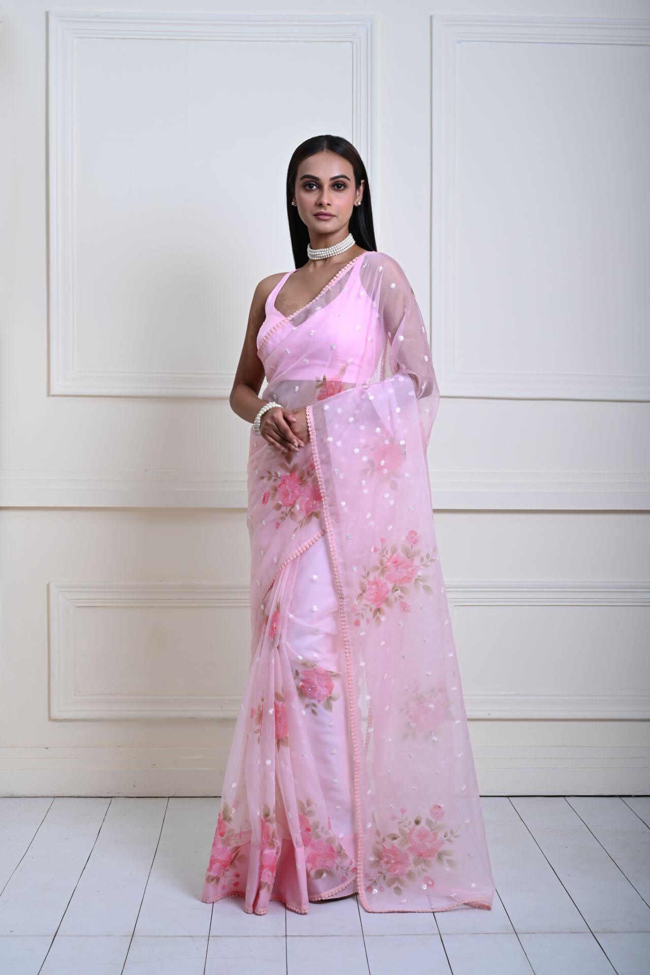 Elegant Baby Pink Organza Saree with Floral Prints and Sequins | Wedding Wear
