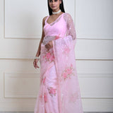 Elegant Baby Pink Organza Saree with Floral Prints and Sequins | Wedding Wear