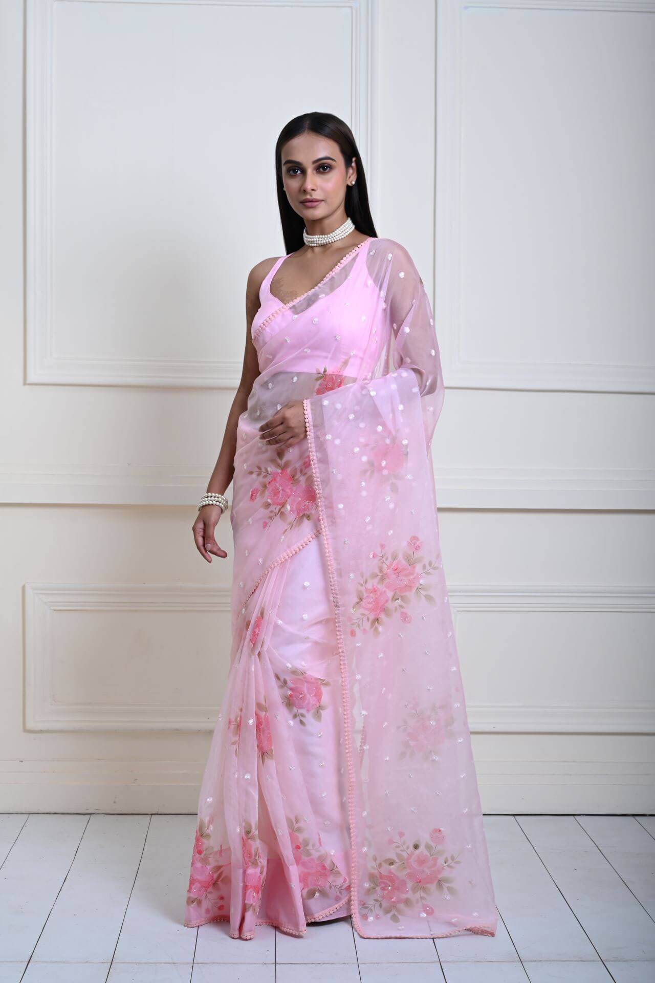Elegant Baby Pink Organza Saree with Floral Prints and Sequins | Wedding Wear