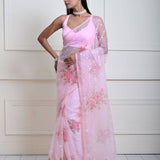 Stylish Baby Pink Organza Saree with Floral Prints & Sequins| Party Wear