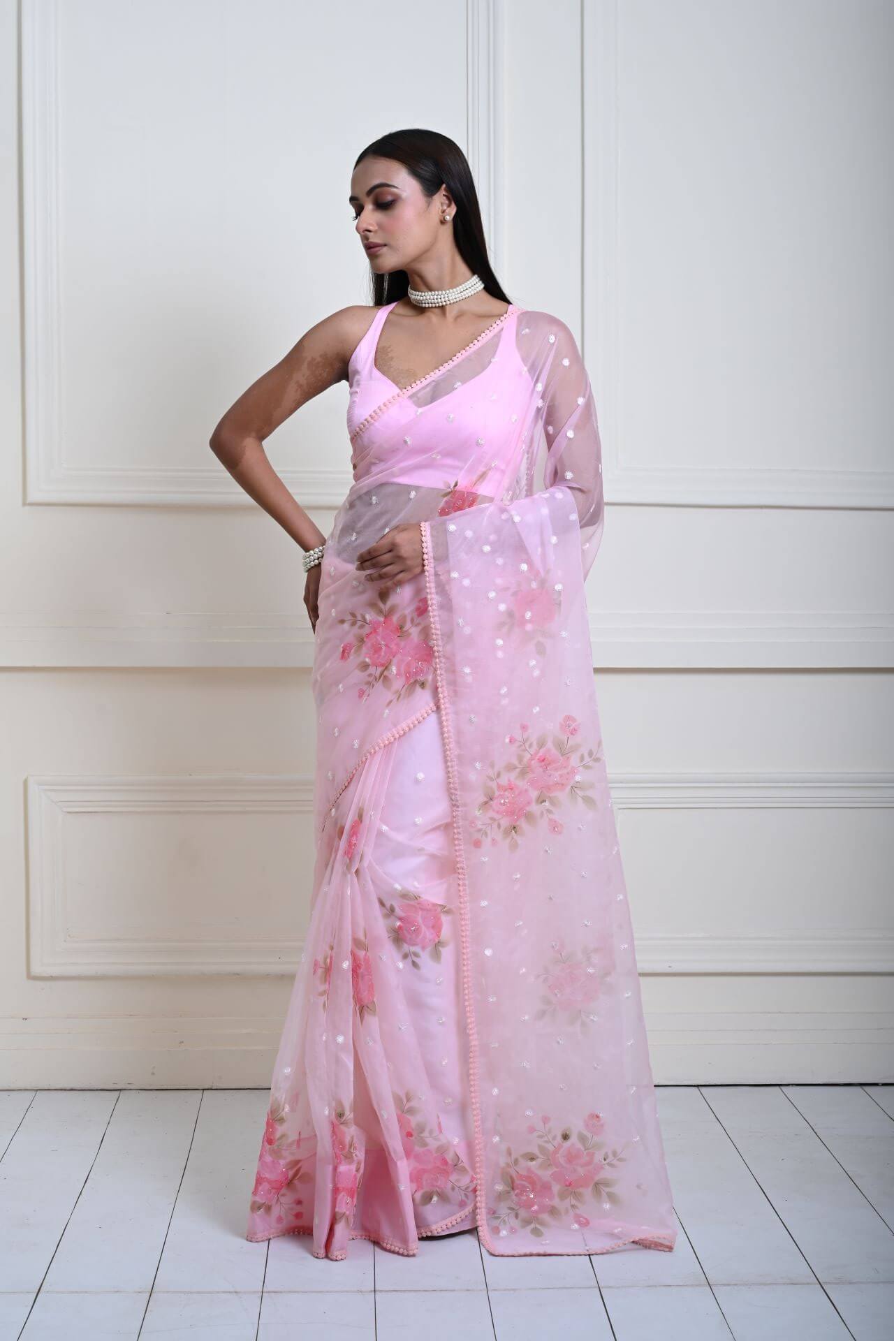 Stylish Baby Pink Organza Saree with Floral Prints & Sequins| Party Wear