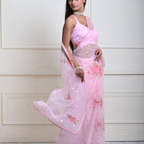 Stylish Baby Pink Organza Saree with Floral Prints & Sequins| Party Wear
