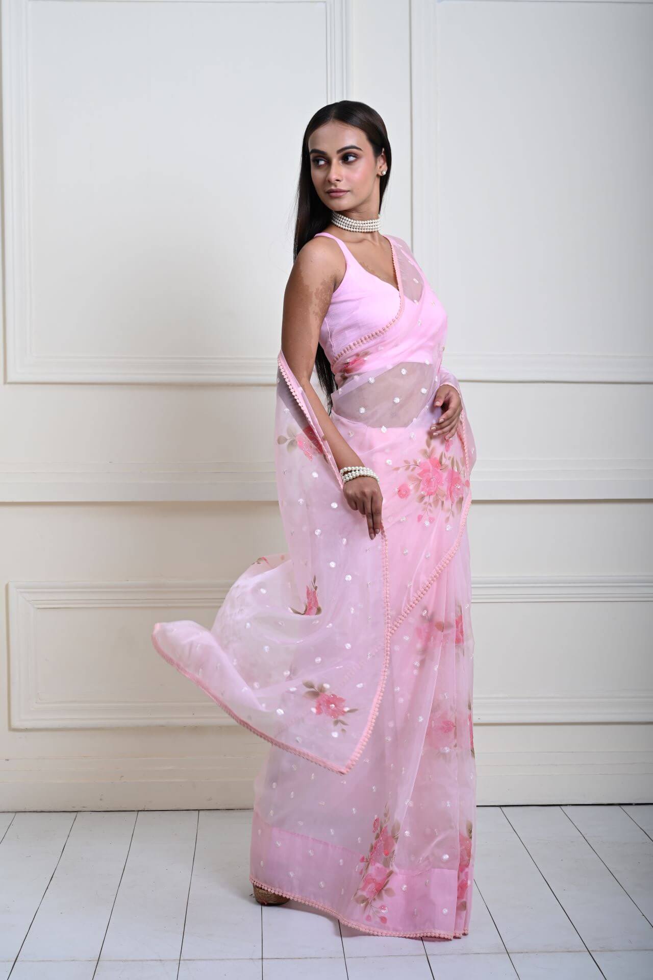 Stylish Baby Pink Organza Saree with Floral Prints & Sequins| Party Wear