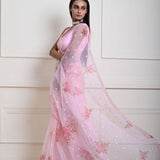 Modern Baby Pink Organza Saree with Floral Prints and Sequins | Indian Fashion