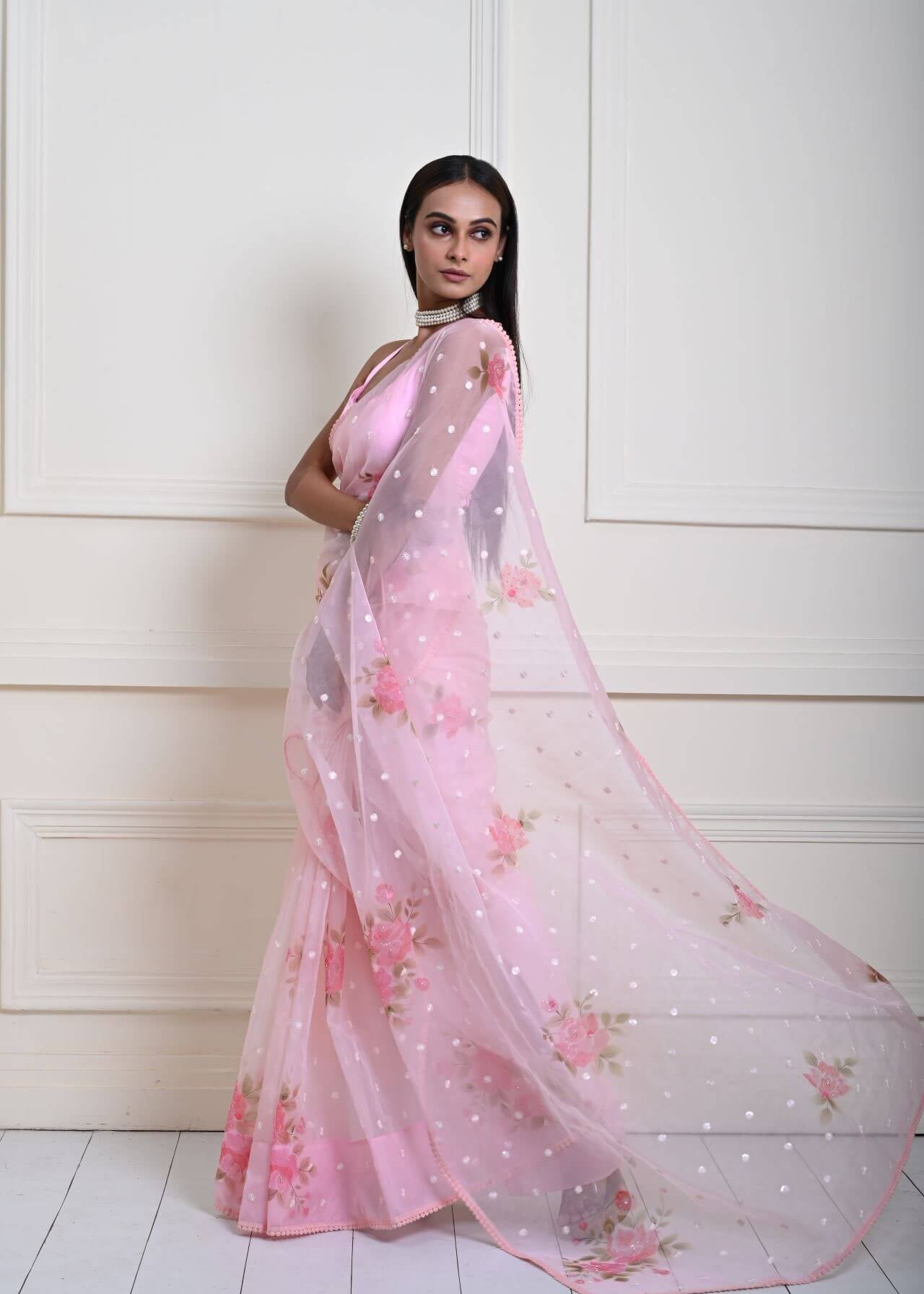 Modern Baby Pink Organza Saree with Floral Prints and Sequins | Indian Fashion