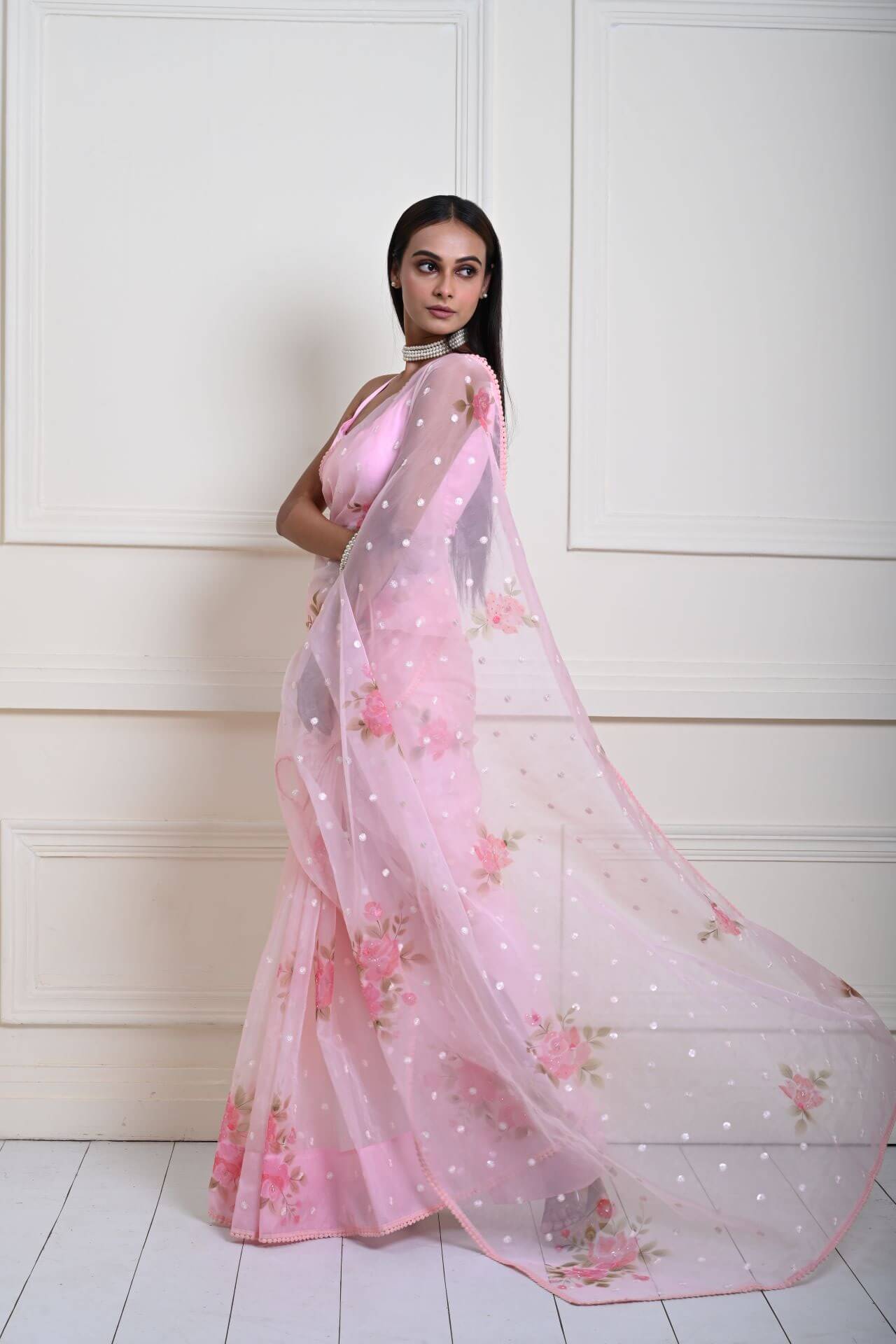 Modern Baby Pink Organza Saree with Floral Prints and Sequins | Indian Fashion