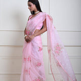 Modern Baby Pink Organza Saree with Floral Prints and Sequins | Indian Fashion
