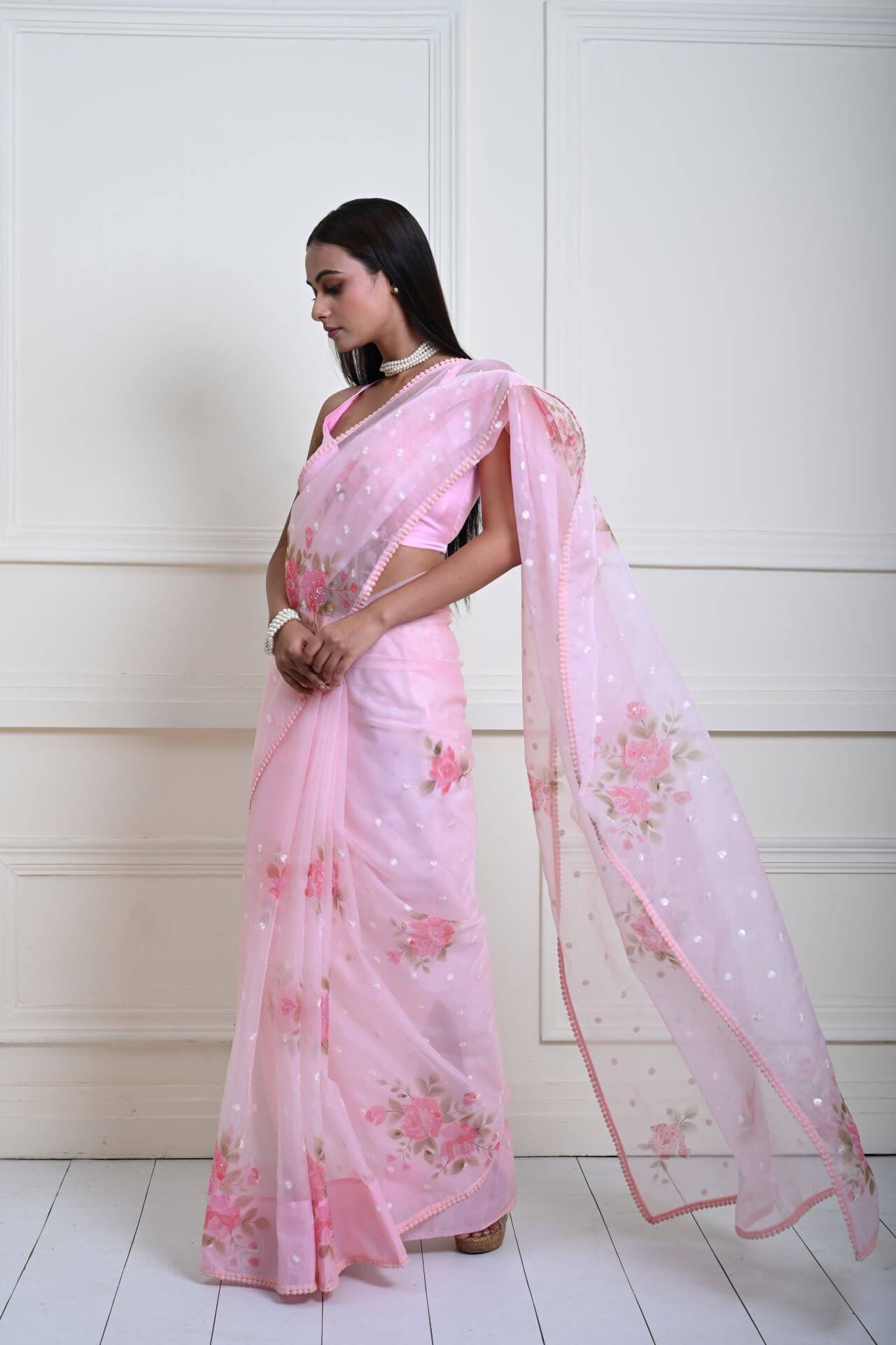 Modern Baby Pink Organza Saree with Floral Prints and Sequins | Indian Fashion