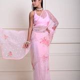 Modern Baby Pink Organza Saree with Floral Prints and Sequins | Indian Fashion