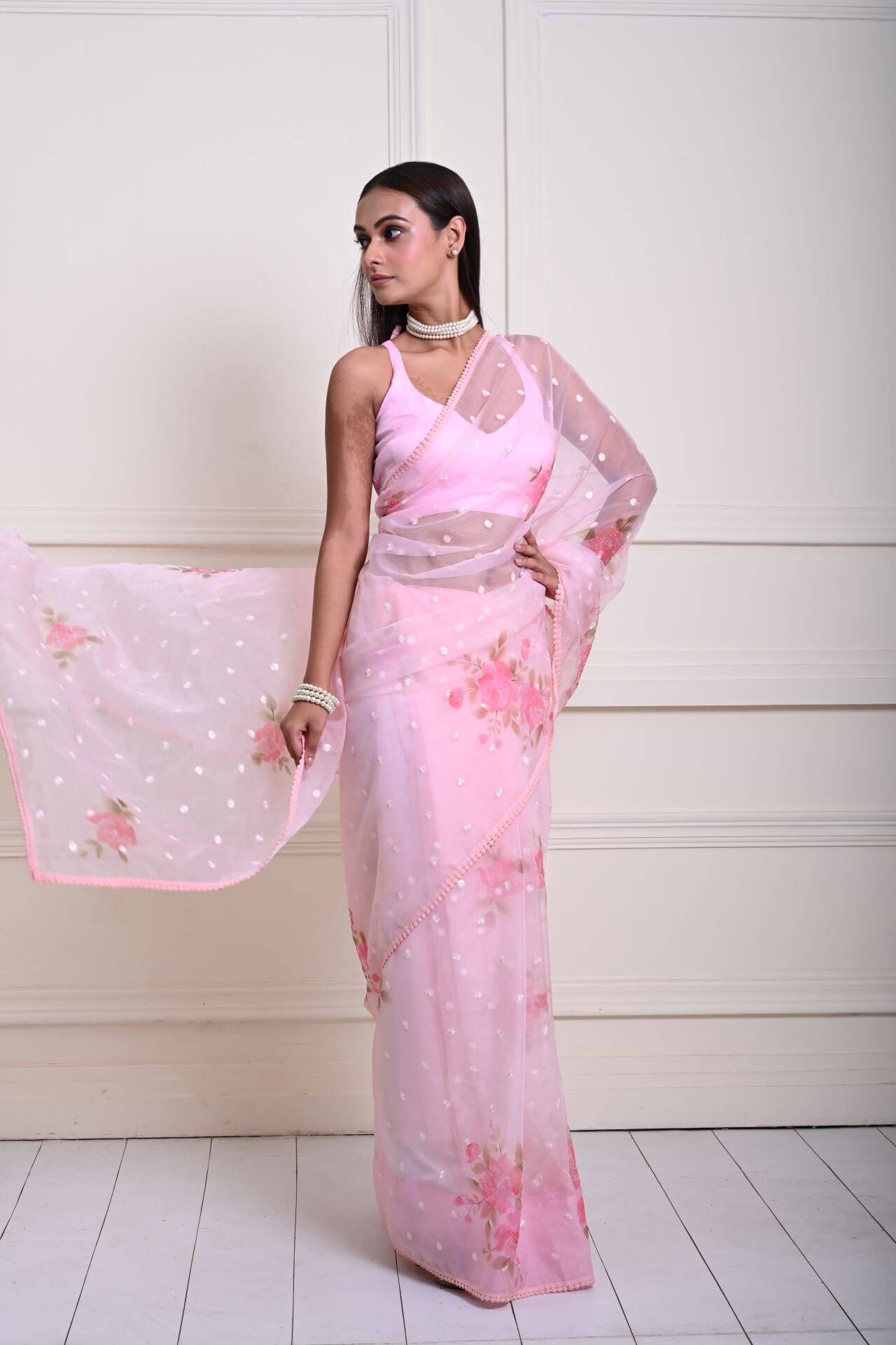 Modern Baby Pink Organza Saree with Floral Prints and Sequins | Indian Fashion