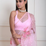 Gracious Baby Pink Premium Organza Saree with Floral Prints & Sequins | Reception