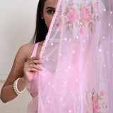 Gracious Baby Pink Premium Organza Saree with Floral Prints & Sequins | Indian tradition