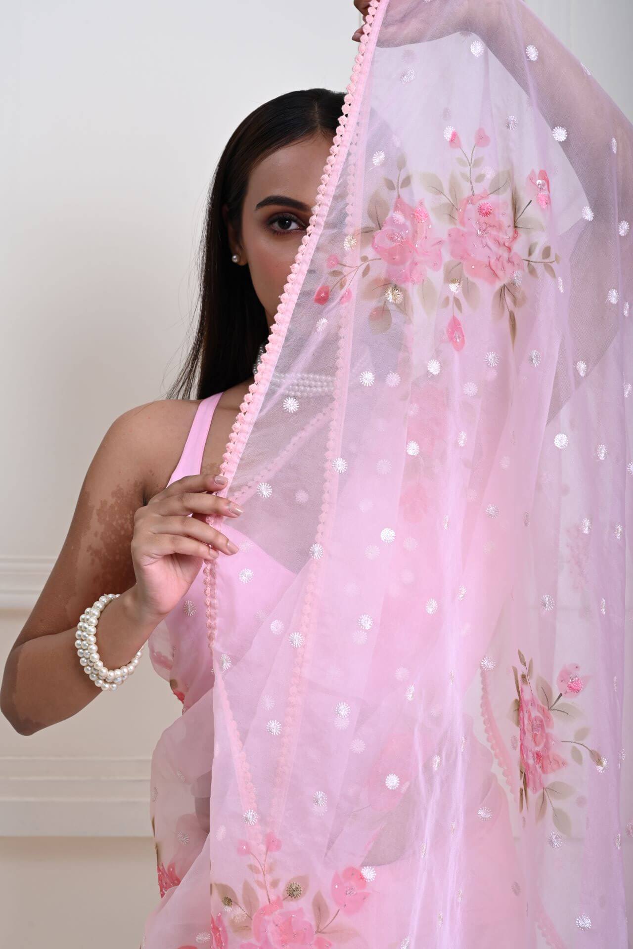 Gracious Baby Pink Premium Organza Saree with Floral Prints & Sequins | Indian tradition