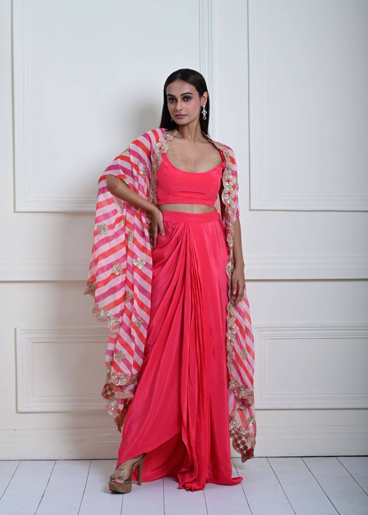 Designer Rani Pink Drape Skirt with Stylish Embroidered Cape Set