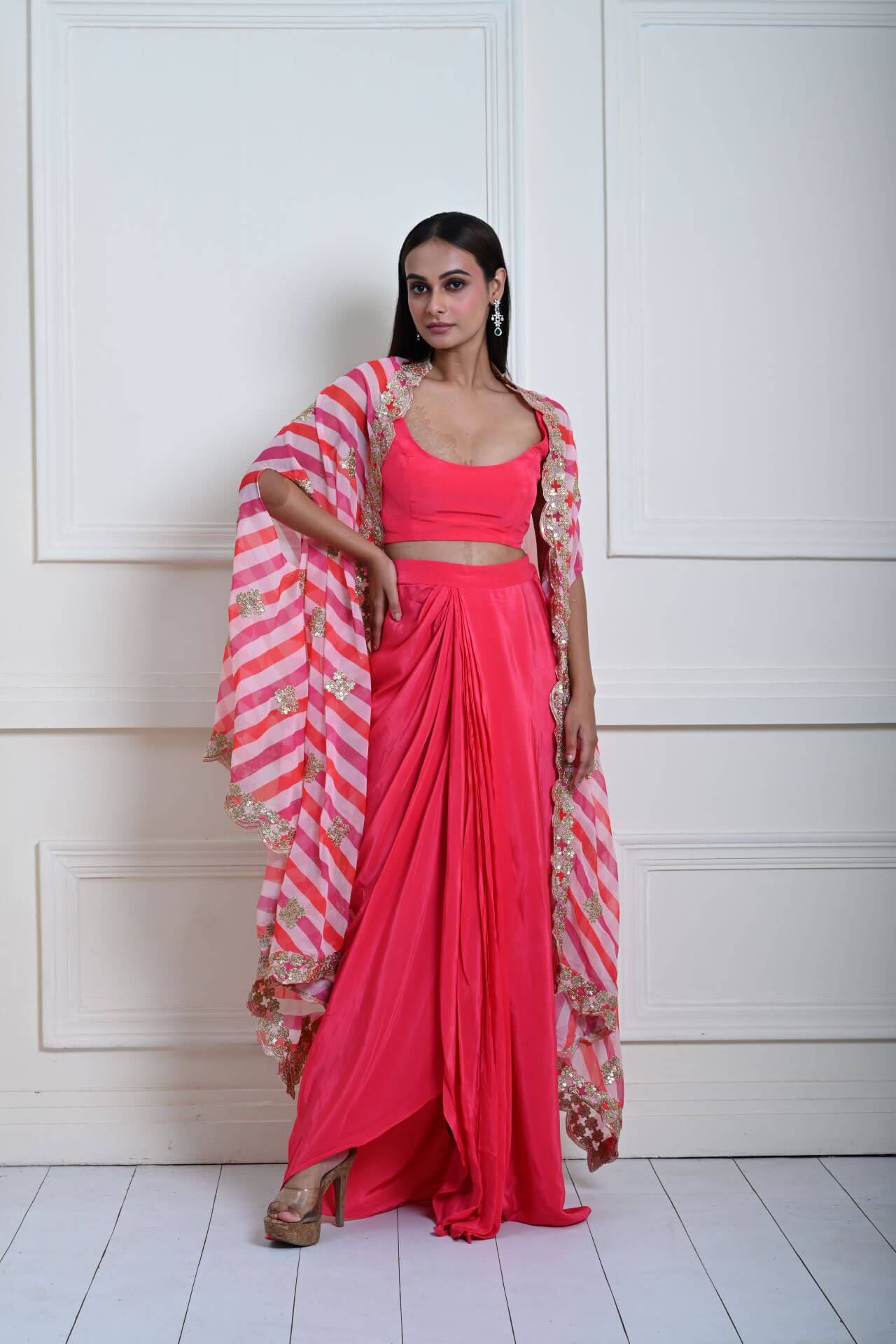 Designer Rani Pink Drape Skirt with Stylish Embroidered Cape Set