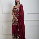 Deep Maroon Sequin Work Lehenga Set with Long Top