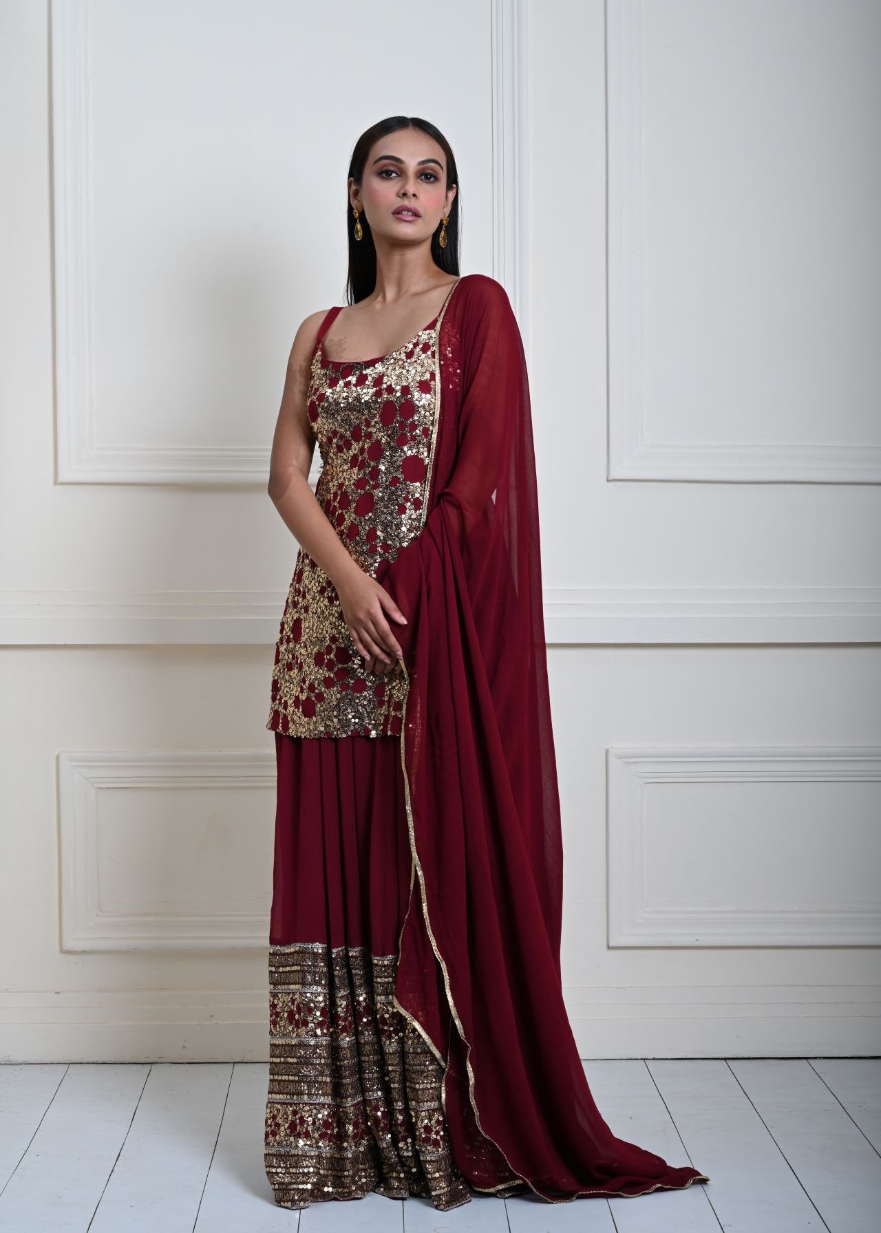 Deep Maroon Sequin Work Lehenga Set with Long Top