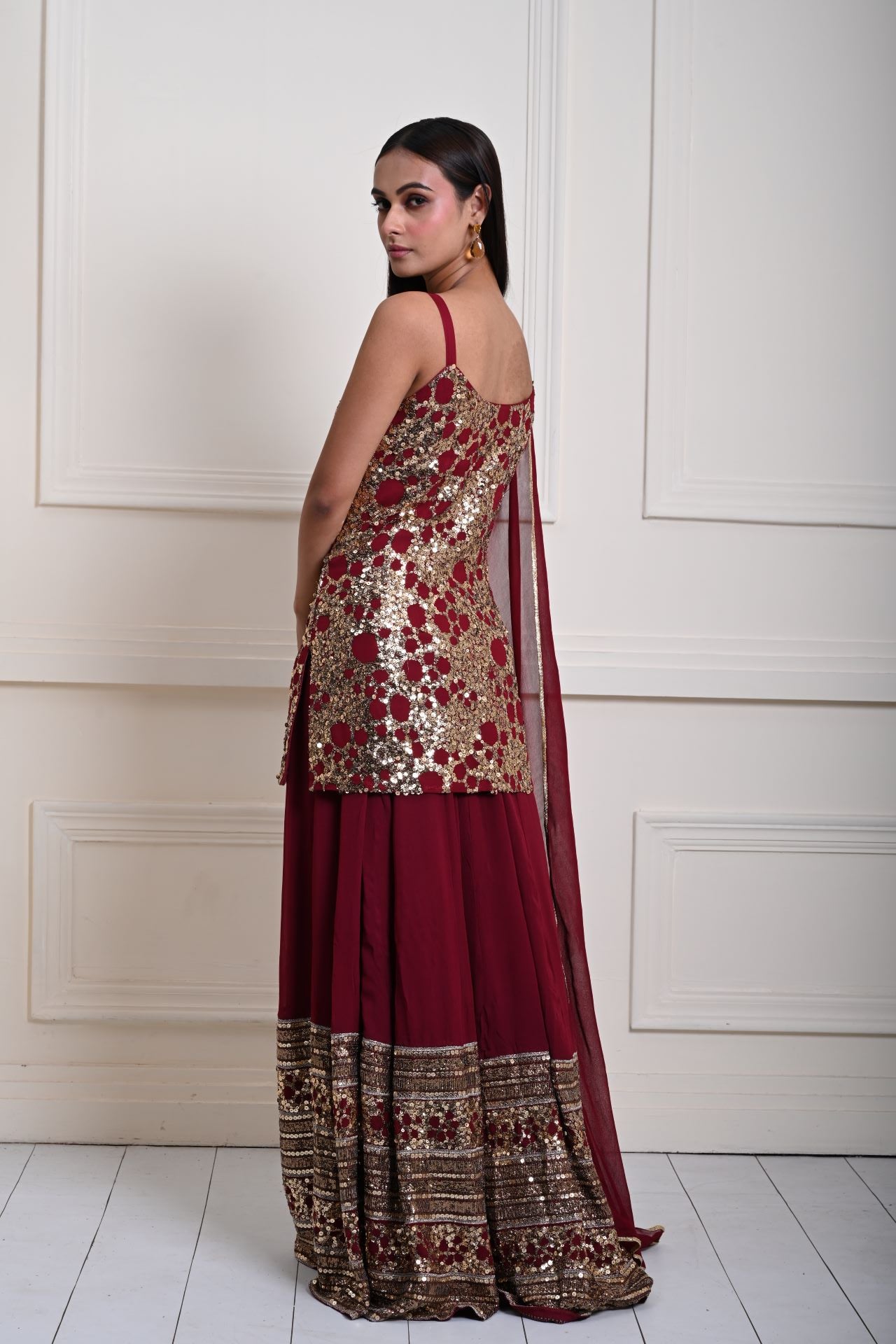 Stunning Deep Maroon Sequin Work Lehenga Set with Long Top| Traditional Indian Fashion