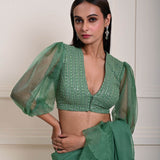 V-neck embroidered blouse with Bishop Sleeves and ruffle detailing