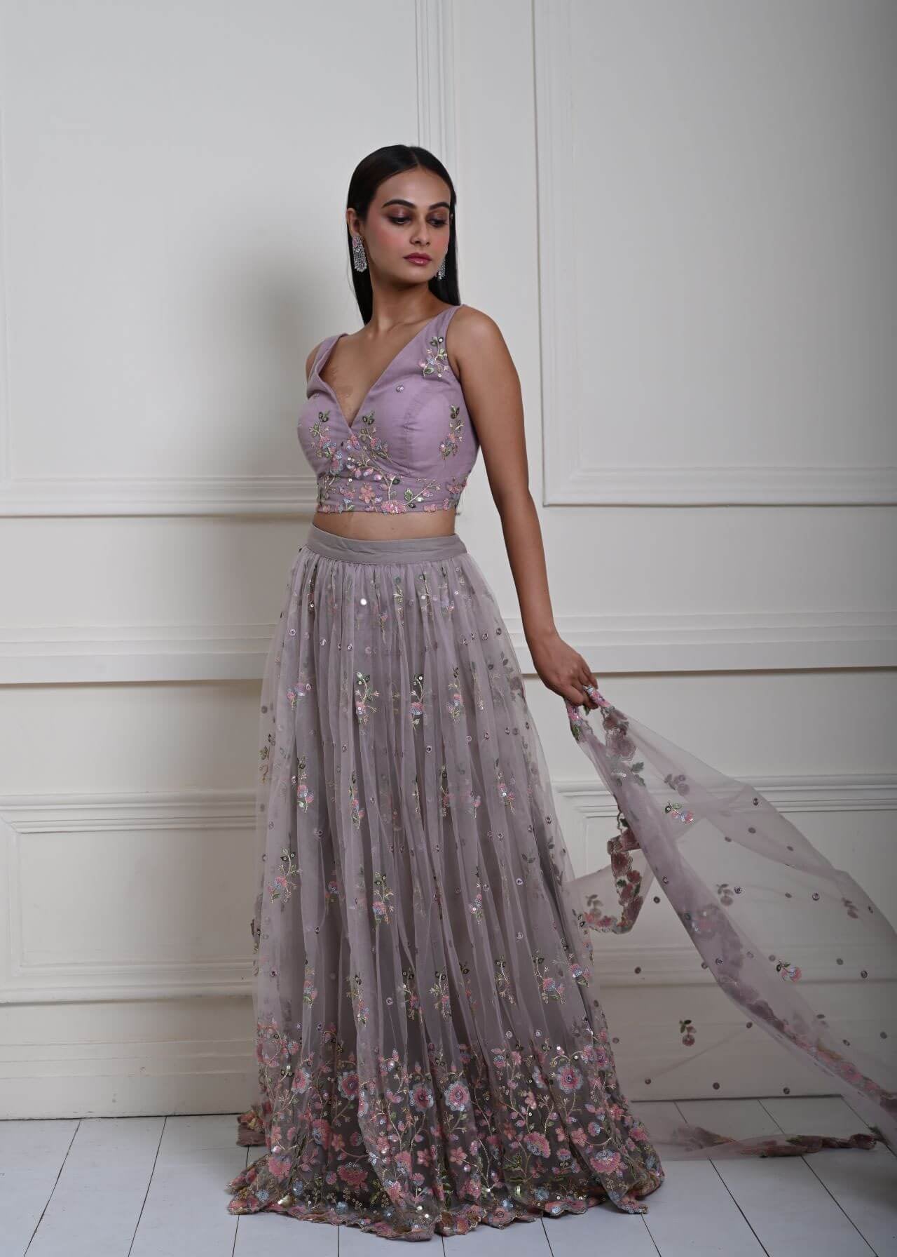 Mauve Floral Embroidered Bridesmaid Lehenga Set