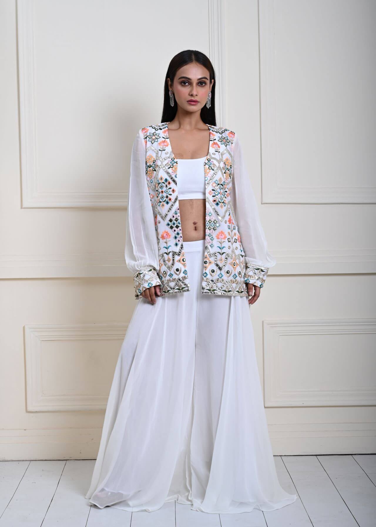 White Jacket Sharara Set, Multicolor Mirror Work Sharara, Indian Ethnic Wear, Partywear Sharara Set