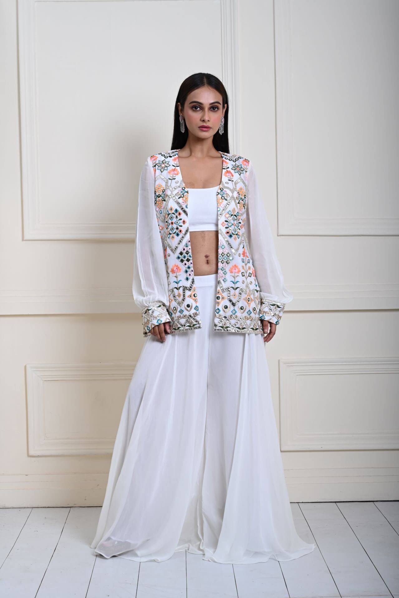 White Jacket Sharara Set, Multicolor Mirror Work Sharara, Indian Ethnic Wear, Partywear Sharara Set