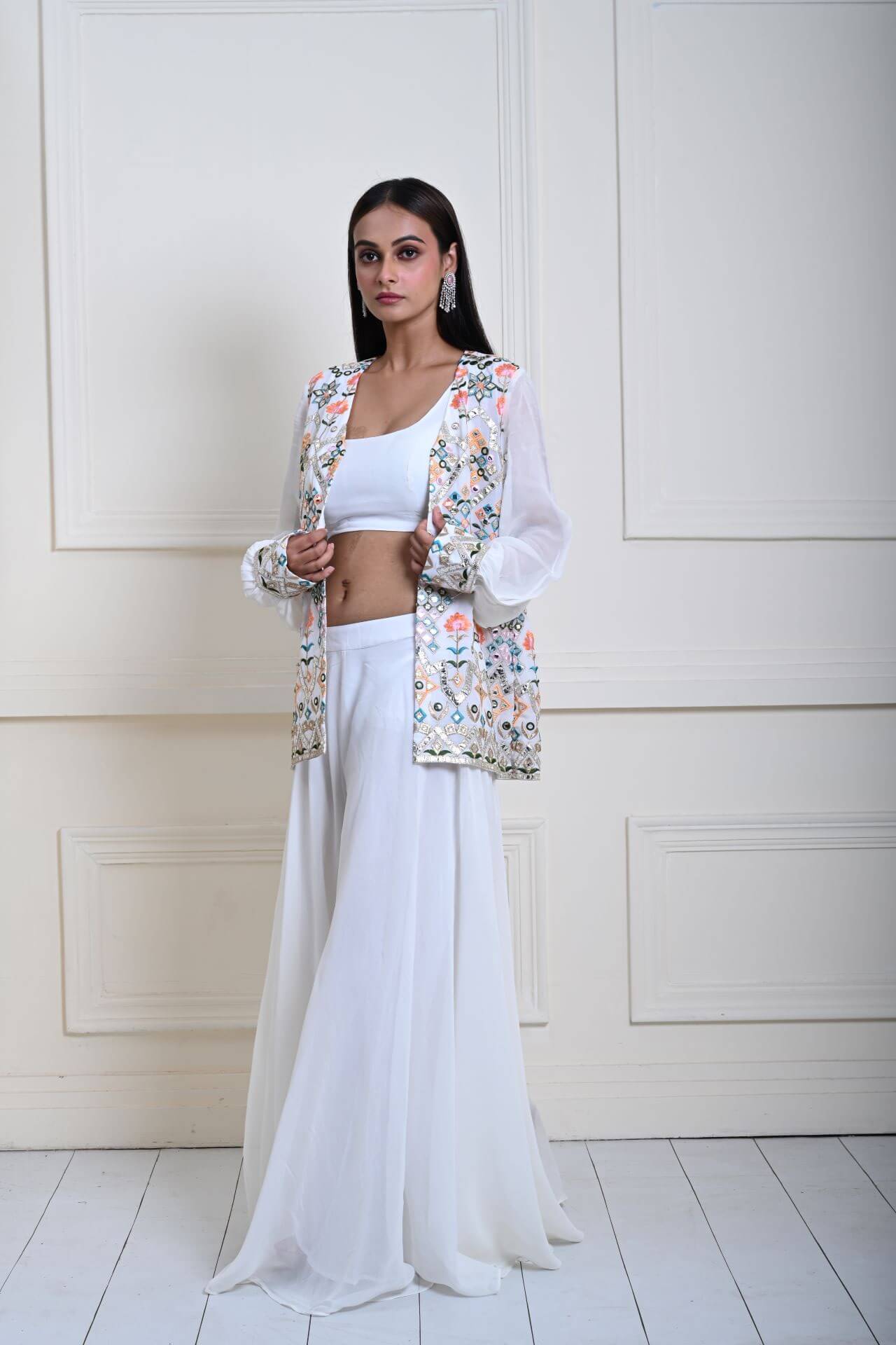 White Jacket Sharara Set with Multicolor Mirror Work | Georgette| Indian Ethnic Wear Sharara|