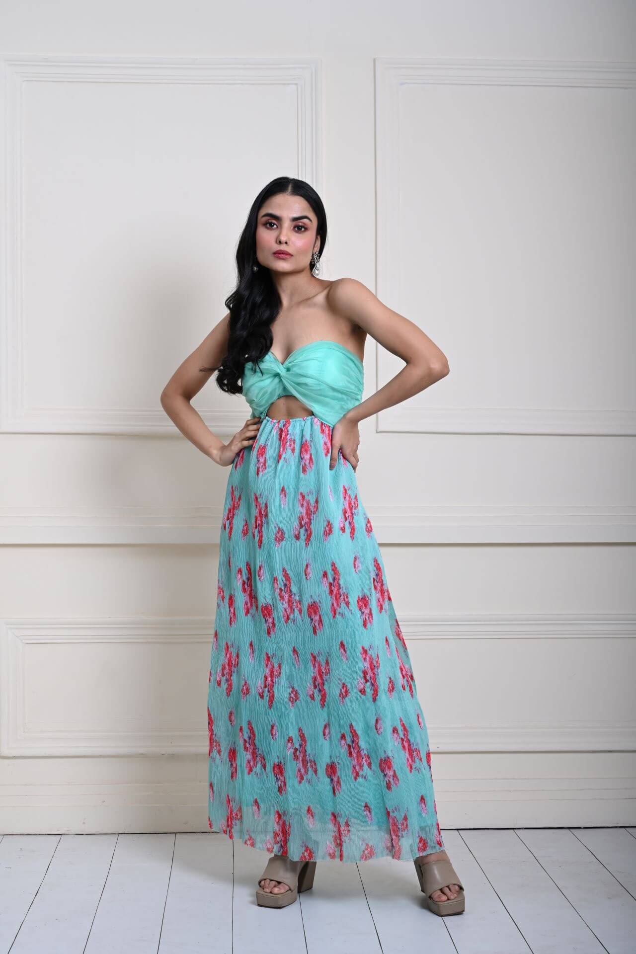 Lightweight Sea Green Maxi Dress in Pleated Crepe Chiffon