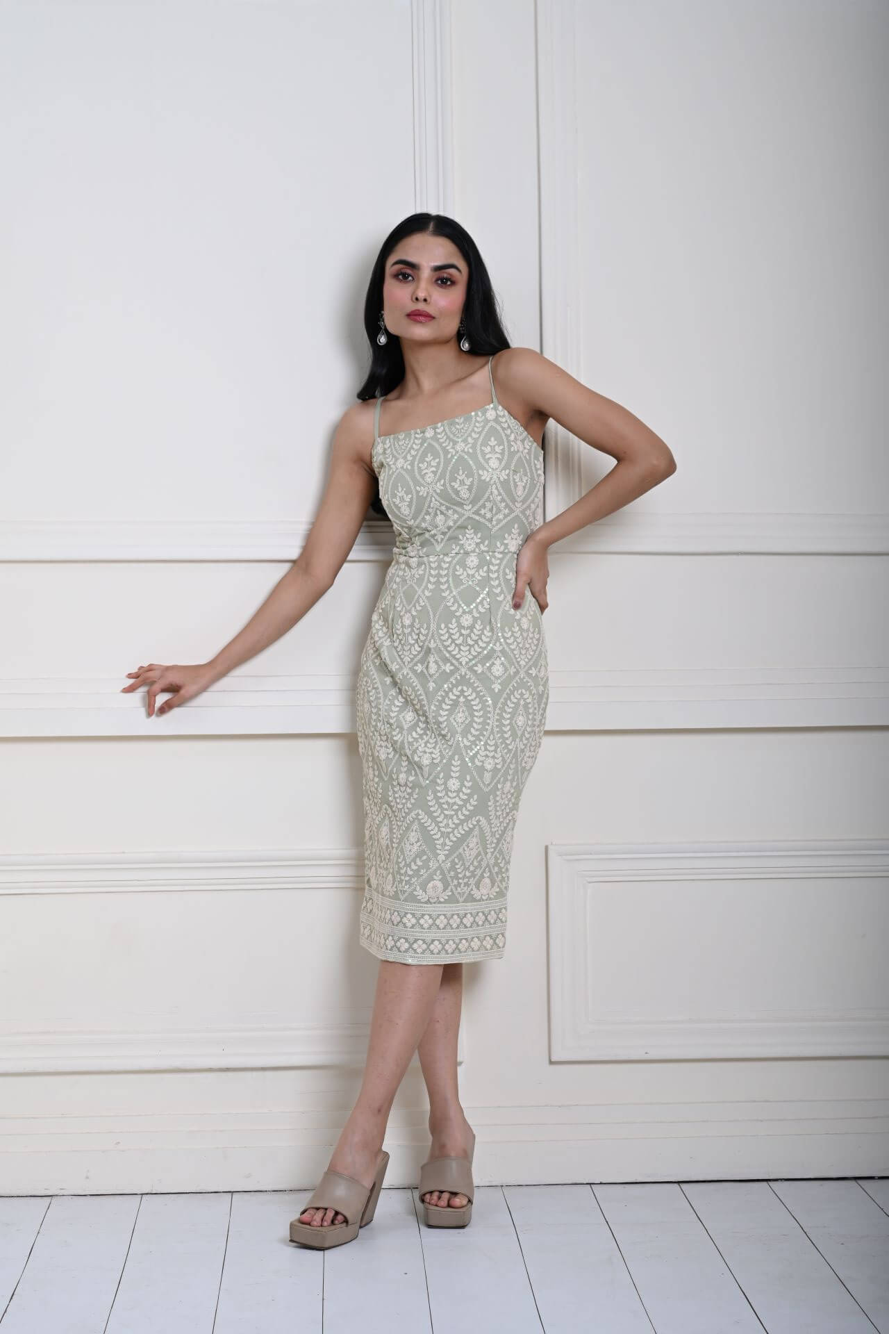 Mint Green Embroidered Midi Dress with Spaghetti Straps