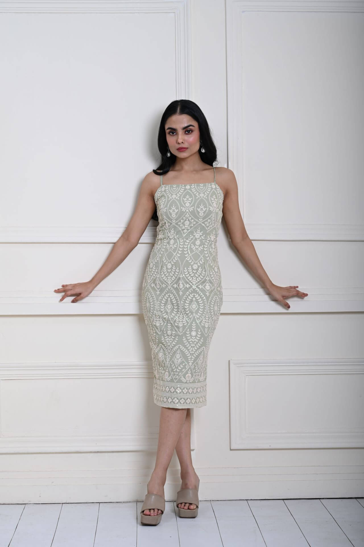 Mint Green Embroidered Midi Dress with Spaghetti Straps