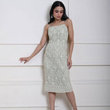 Mint Green Embroidered Midi Dress with Spaghetti Straps